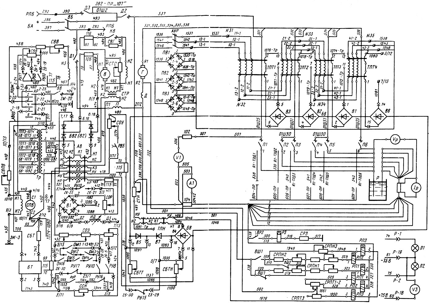 Рис. 84. Схема цепей системы возбуждения и подключения тягового генератора тепловоза 2ТЭ10М к реостату