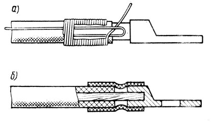 Рис. 61. Схемы оконцевания проводов с использованием бандажа из шпагата (а) и резиновой трубки (б)