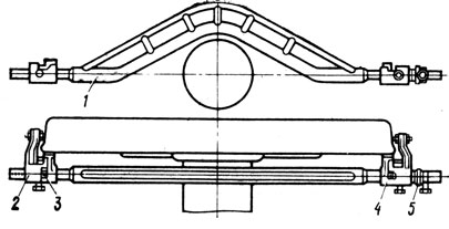 Рис. 112. Бандажный штангенциркуль: 1 - штанга; 2, 4 - левый и правый движки; 3 - нониус; 5 - доводочное устройство