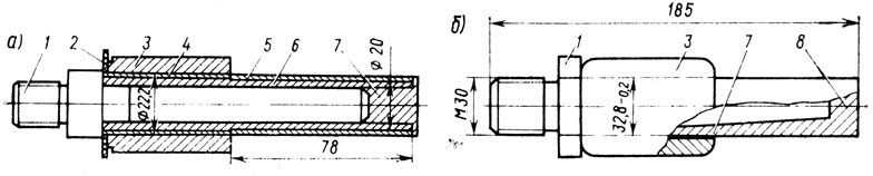 Рис. 153. Ремонт изоляционных пальцев щеткодержателей тяговых двигателей AL-4846 (а) и ТЛ-2К1 (б): 1 - шпилька; 2 - шайба изоляционная; 3 - изолятор; 4 - изоляция (лакоткань); 5 - изоляция (лакированная бумага); 6 - втулка (стальная); 7 - заполнитель; 8 - изоляция (АГ-4В)